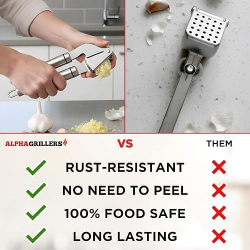 Alpha Grillers Garlic Press Stainless Steel - Easy to Clean, Rust-Proof, Dishwasher Safe - Stainless Steel Garlic Press, Mincer, Crusher with Silicone Peeler & Cleaning Brush thumbnail 7