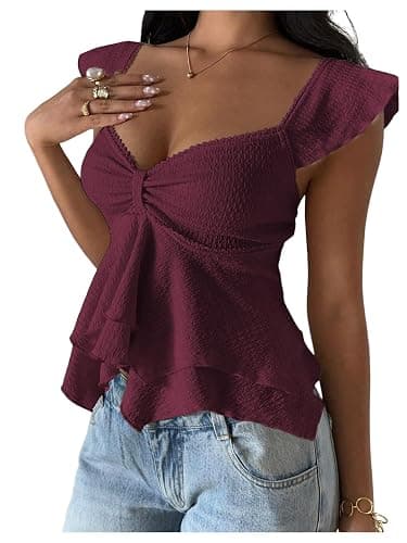 RoseSeek Women's Flowy Going Out Tank Top Sweetheart Neck Cap Sleeve Summer Ruffle Elegant Crop Tops - Image 1
