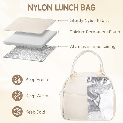 Cunno Insulated Nylon Lunch Bag for Women Man Adult Lightweight Cream Food Box Leakproof Cooler Food Containers Reusable Large Capacity Water Resistant Lunch Bag for Work Picnic or Travel thumbnail 4