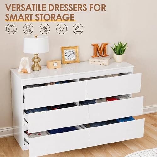 Dresser for Bedroom with 6 Wide Drawer, White Wood Dresser, Modern Chest of Drawers for Clothes Storage, Multi-Functional Storage Organizer for Bedroom, Living Room & Entryway(47" W x15.4 Dx32.3 H) thumbnail 4