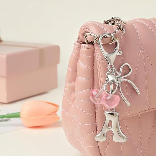 Snycler Bubble Initial Keychain with Bow & Cherry - Silver Letter Bag Charms for Women, Cute Purse Handbag Accessories thumbnail 3