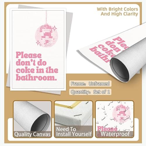BNGFDV Retro Trendy Pink Please Dont Do Coke in The Bathroom Canvas Wall Art Abstract Vintage Funky Disco Ball Poster Decor Teen Girl Bathroom Rules Quotes Sayings Pictures Prints 12x16in Unframed thumbnail 7