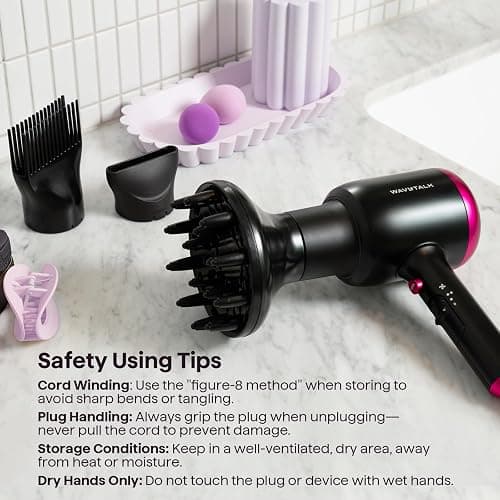Wavytalk Hair Dryer with Diffuser, Blown Away Ionic Hair Dryer for Curly Hair with Comb, 1875W Fast Drying Blow Dryer with Ceramic Technology, 3 Attachments for All Hair Types, Light and Quiet, Black thumbnail 9