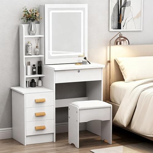 Vanity Desk with Mirror and Lights,Makeup Vanity with Extra Hidden Stroage,Makeup Desk with 4 Drawers 7 Open Shelves,Dressing Table for Bedroom,3 Color Light Modes,Small Vanity Desk（US Fast Arrival） thumbnail 4