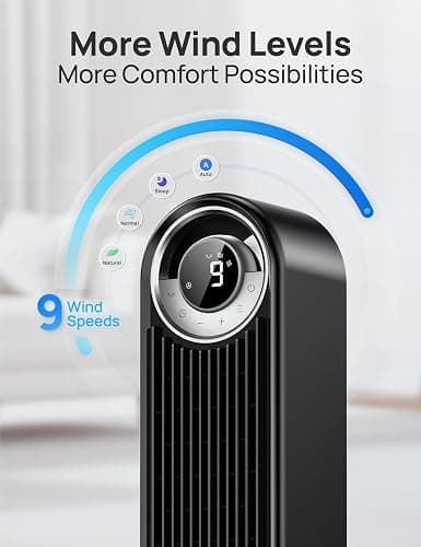 DREO Tower Fan for Bedroom, Upgraded DC 9 Speeds 20dB Ultra-Quiet Floor Fan, 90° Oscillating Fans with 28ft/s Velocity, 12H Timer, Standing Fan, Bladeless Fan Powerful for Home, Black thumbnail 5