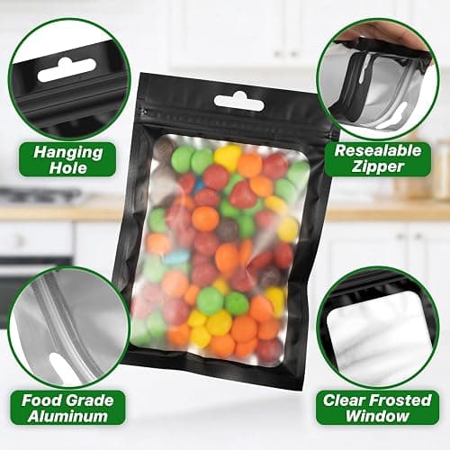 ANZNKU 100 Pack Black Resealable Mylar Bags with Frosted Clear Window, Smell Proof Sealable Packaging Bags for Small Business, Foil Pouch Zip Goodie Bag for Candy Treat Jewelry Party Favor(2.75×3.93") thumbnail 6
