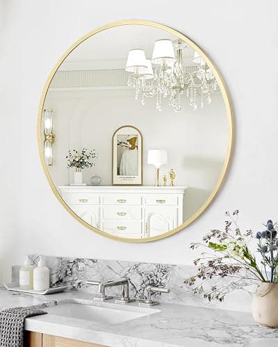 Gold Circle Mirror for Bathroom, 18 inch Round Mirror, HD Eco-Friendly Round Bathroom Mirror for Over Sink, Small Matte Gold Metal Framed Wall Mirror for Wall, Vanity, Entryway, Easy to Install - Gold - 18"L x 18"W thumbnail 8