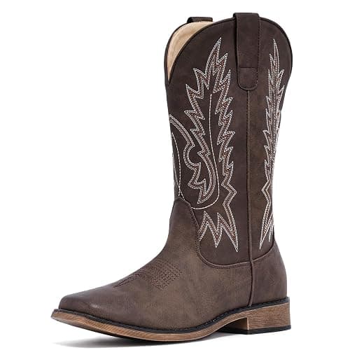 IUV Cowboy Boots For Women Square Toe Western Boots Mid Calf Cowgirl Boots Pull On Embroidered Brown Cowboy Boots - 4.5 - Dark Brown thumbnail 5