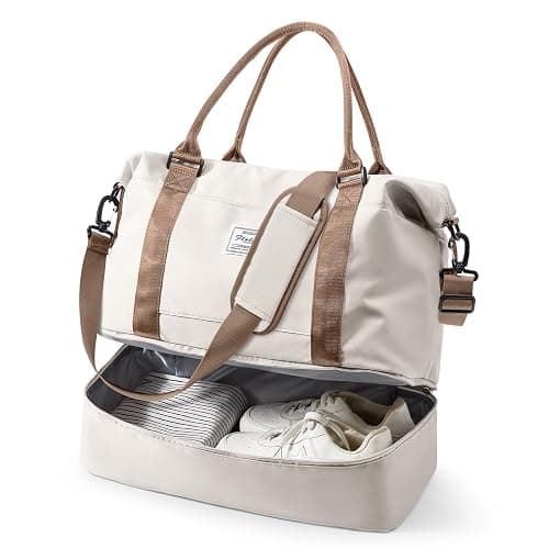 Travel Duffel Bag, 18x14x8 Inches Travel Bag Spirit with Shoes Compartment, Weekender Overnight Bag for Women with Trolley Sleeve, Carry On Bag for Airplanes Sport Tote Gym Bag BeigeBrown - Image 1
