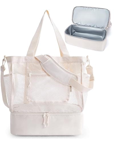 BAGSMART Beach Bag for Women, Mesh Tote Bags with Zipper, Sandproof Vacation Essentials with Cooler for Swim Cruise Pool - Image 1