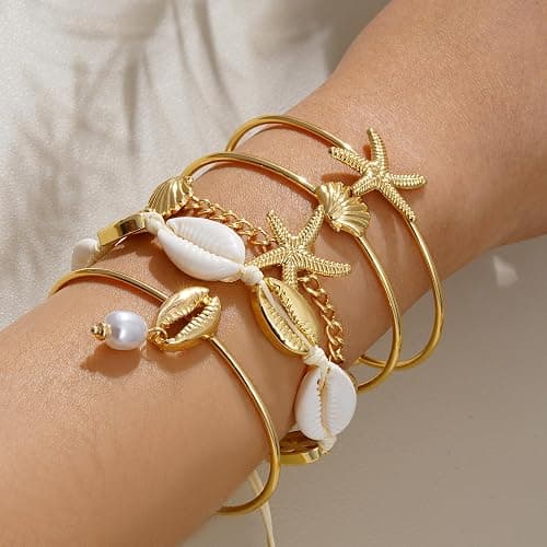 SLYAIH Shell Bracelet Seashell Boho Beaded Stretch Bracelets for Women Summer Beach Bracelets Starfish Charm Bracelet Stackable Gold Plated Bracelets Set for Women thumbnail 2