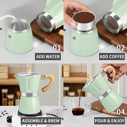 Mongdio Stovetop Espresso Maker Moka Pot, Cuban Coffee Maker Stove top coffee maker Moka Italian Espresso Greca Coffee Maker Brewer Percolator, 6 Espresso Cups, 10 oz - Green thumbnail 4