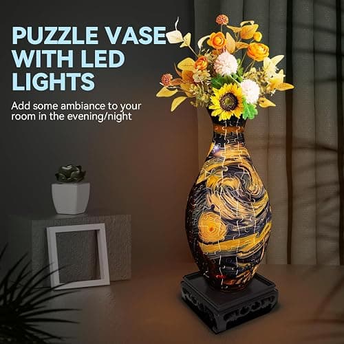 3D Puzzles Vase for Adults, Crafts for Adults, 160 Pieces Plastic DIY Unique Flower Vase with LED Light House Warming Gift Birthday Gifts for Flower Arrangements and Home Decor (Blue) thumbnail 3