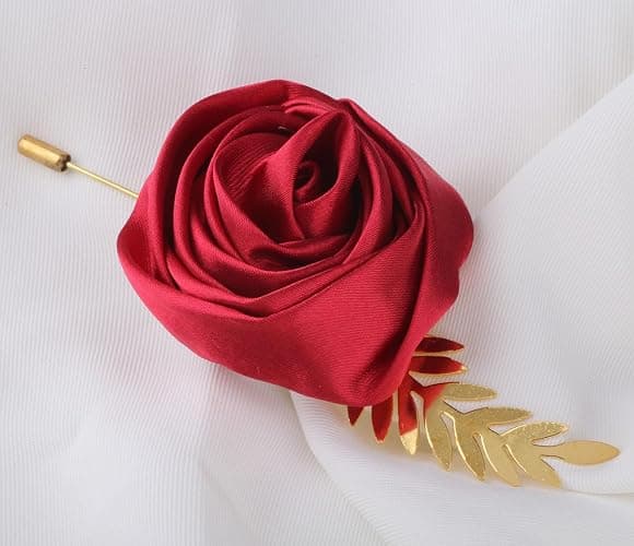 Faux Silk Rose Men Suit Boutonniere, Artificial Flower & Golden Leave Brooch Lapel Pin for Groom Groomsman Wedding Prom Dance Homecoming Party thumbnail 5