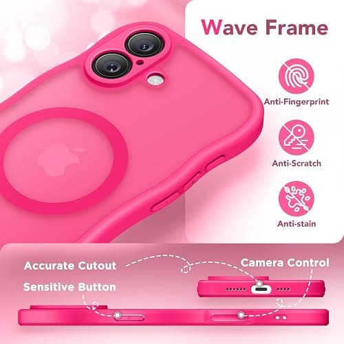 CAPRARO for iPhone 16 Case for Women Girls, Upgraded [Full Camera Protection] [Compatible with MagSafe] Cute Wave Translucent Matte Phone Case for iPhone 16, Hot Pink - A2-Hot Pink - For iPhone 16 6.1 inch thumbnail 8