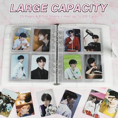 A5 Kpop Photocard Binder, 6 Ring Binder Album with 200 Card Slots, PU Leather Binder Cover with Magnetic Buckle Closure for Organizing Trading Cards - White thumbnail 4