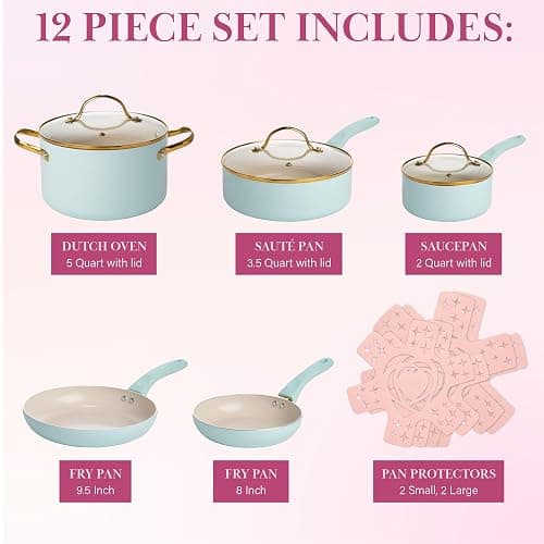 Paris Hilton Epic Nonstick Pots and Pans Set, Multi-layer Nonstick Coating, Tempered Glass Lids, Soft Touch, Stay Cool Handles, Made without PFOA, Dishwasher Safe Cookware Set, 12-Piece, Aqua thumbnail 3