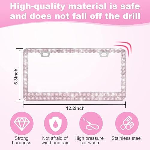 QUANQIUFEI 2 Pack Bling License Plate Frames for Women, Sparkly Rhinestone Diamond Car Accessories with Glitter Crystal Caps (Pink) thumbnail 4