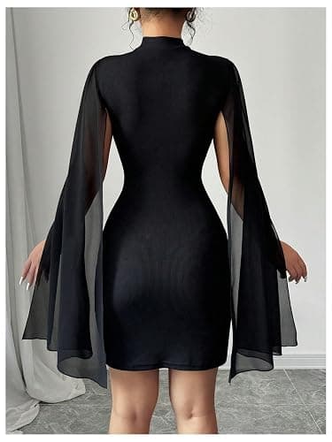 IQLWI Women's Sexy Glitter Mini Dress Mock Neck Cloak Sleeve Cocktail Shimmering Elegant Dresses Wedding Guest Party Evening thumbnail 3