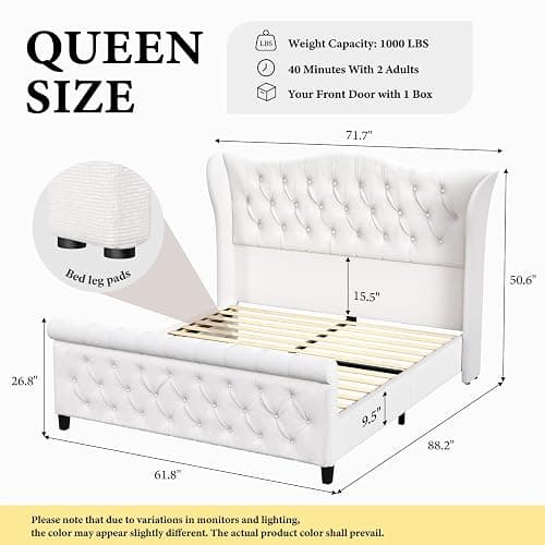 Queen Size Bed Frame-Upholstered Platform Chenille Sleigh Bed-51 inch Scroll Wingback Tall Headboard Footboard-Deep Button Tufted-Easily Assemble-Wood Slats Support-No Box Spring Required-Cream thumbnail 2