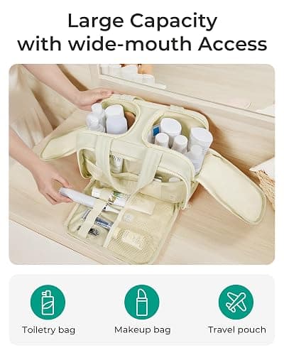 BAGSMART Travel Toiletry Bag, Crush Toiletry Bag for Women, Wide-open Puffy Toiletry Bags for Traveling, Large Travel Cosmetic Makeup Bag Organizer for Accessories,Toiletrie, Beige thumbnail 2