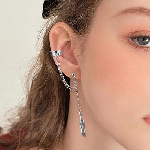 ADRAMATA 10 Stücke Ohr Manschette Ohrringe Kette für Damen Schlange Feder Ohr Manschette Kreuz Mond Stern Ohr Bergsteiger Helix Knorpel Crawler Ohrringe Quaste Gold Silver Ear Cuff Earrings für Damen thumbnail 7