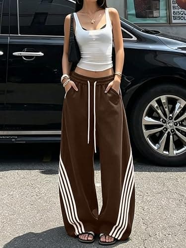 EMMIOL Women’s Y2K Baggy Barrel Striped Sweatpants High Waisted Wide Leg | Track Pants, Drawstring Waist, Adjustable Hems, and Side Pockets, Ideal for Streetwear, Workouts, School, Casual, Nights Out thumbnail 5