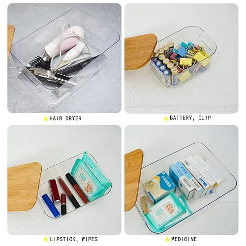 Orgaizer, Storage Bins with lid, Organizer ,Storage box ,Clear Plastic Storage Organizer Bins with bamboo Lids for Home Office, Kitchen, Cupboard, Pantry Shelves, Medicine Cabinet -3 size -4pcs thumbnail 5