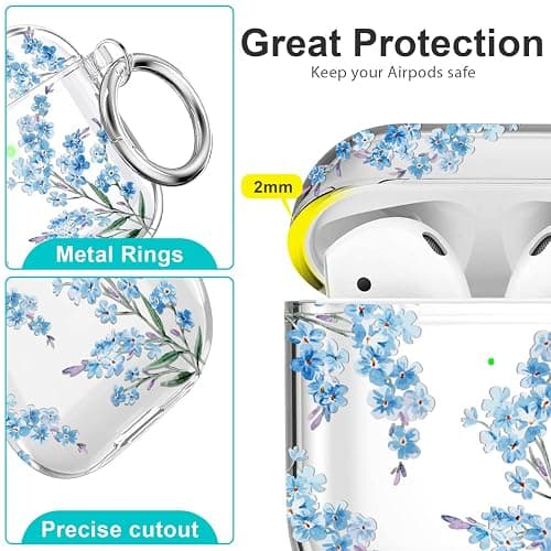 Wonjury Protective Clear Floral Case Cover with Cleaner Kit Portable Shockproof Women Girls with Keychain for Apple Airpods 2/1 Charging Case - Clear/Blue Flower thumbnail 3
