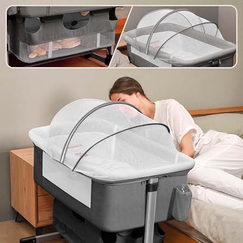 Baby Crib,3 in 1 Bedside Crib Adjustable Portable Bed for Infant,Baby Bassinet Baby Newborn Must Have Bed,Grey - Bedside Crib-grey thumbnail 4