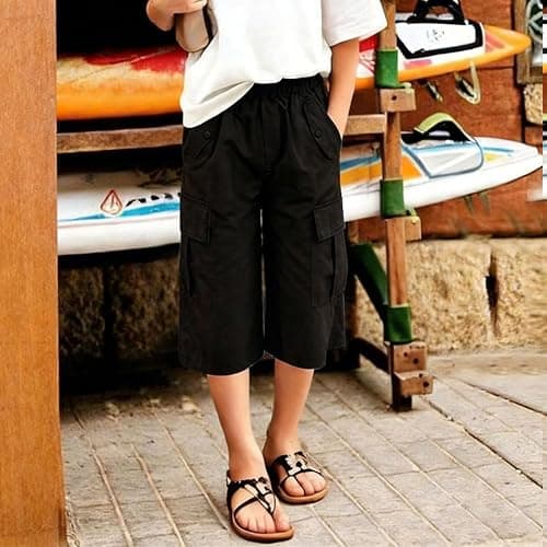 Bermuda Cargo Shorts for Girls Knee Length High Waist Pull On Shorts with Pockets Summer Quick Dry Baggy Biker Trousers Teen Loose Fit Running Hiking Athletic Bottoms thumbnail 2