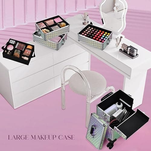 Yueieoun 5 in 1 Rolling Makeup Case, Cosmetology Case on Wheels Travel Make up Train Case Nail Cart Makeup Organizer Cosmetic Storage Box Cases Extra Large Trolley Truck with 360° Swivel Wheels, Pink thumbnail 7
