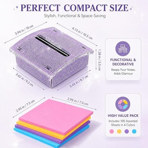 Rhinestone Sticky Note Holder for Desk, 4x4 Inch, with 100 Sheet Notepad | Bling Note Dispenser Office Desk Accessories Pop Up Note Holder for Cute Office Desk Accessories Women Coworker Gifts, Purple thumbnail 3
