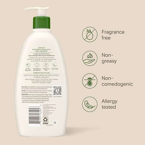 Aveeno Daily Moisturizing Body Lotion for Normal to Dry Skin, Moisturizer with Soothing Prebiotic Oat, Non Greasy, Non Comedogenic, Fragrance Free Body Lotion for Women & Men, 18 Fl Oz thumbnail 9
