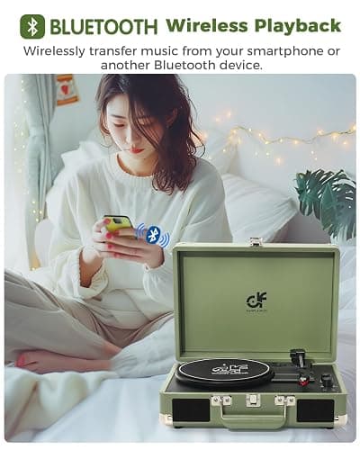 Vinyl Record Player 3 Speed Portable Suitcase Record Player with Treble & Bass Control, Built-in Speakers, 3.5mm Headphone Jack, RCA-Out/Aux in, Vintage Belt-Driven Turntable, Sage Green thumbnail 7
