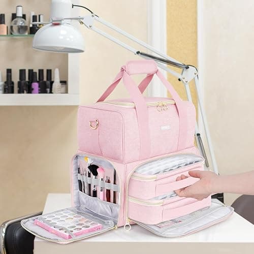 Nail Polish Organizer Holds 80 Bottles and a Nail Lamp,Nail Polish Carrying Case with 2 Removable Bags,Nail Organizers and Storage for Nail Tech,Portable Nail Polish Holder for Nail Supplies,Pink thumbnail 2
