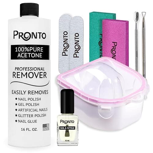 Pronto Gel Nail Polish Remover Kit - 16oz Pure Acetone, Nail Soaking Bowl, Moisturizing Cuticle Oil, Manicure Kit Including Gel Nail Polish Tools, Nail File, Nail Buffer, Cuticle Pusher & Nail Scraper - Image 1