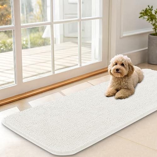 OLANLY Dog Door Mat for Muddy Paws 47x17, Absorbs Moisture and Dirt, Absorbent Non-Slip Washable Doormat, Quick Dry Chenille Mud Mat for Dogs, Entry Indoor Entryway Carpet for Inside Floor, Ivory - Image 1