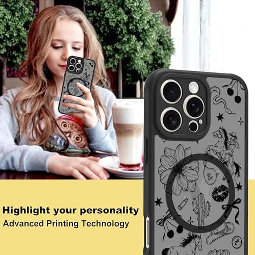 MOWIME Magnetic for iPhone 16 Pro Max case [Compatible with MagSafe] Cute Western Cowboy Floral Translucent Matte Hard Back Shockproof Anti-Scratch Phone Case-Black thumbnail 6