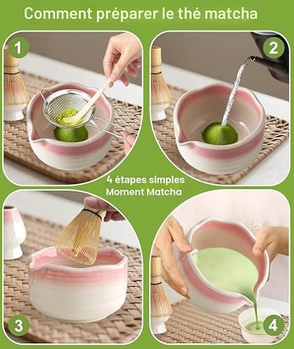 JBER Matcha Kit 7 Pièces, Matcha Set - Fouet en Bambou pour Matcha, Bol à Matcha à Buse, Support pour Fouet, Tamis à Matcha, Kit de Thé Japonais pour Amoureux du Matcha - Dégradé Rose thumbnail 5