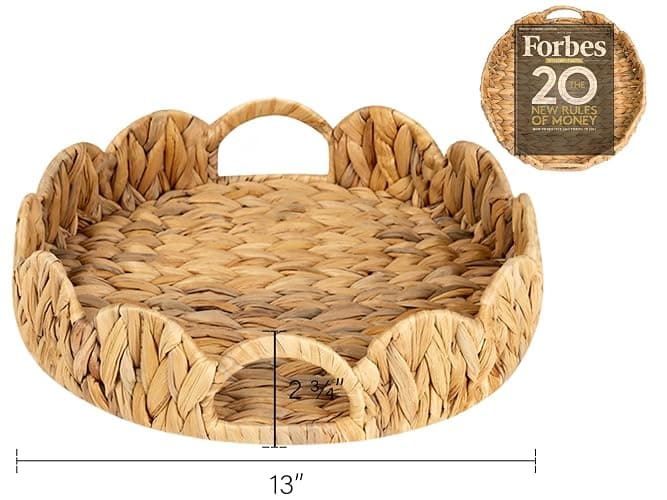 StorageWorks Scalloped Tray, Round Basket Tray Wicker Rattan Serving Tray with Handles, Scallop Basket Table Décor Trays, Water Hyacinth thumbnail 3