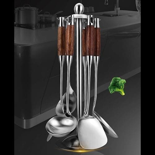 GXONE Cooking Utensils Set,7pcs 304 Stainless Steel Kitchen Utensils Set with Holder,Heat Resistant Wooden Handle Kitchen Tools thumbnail 2