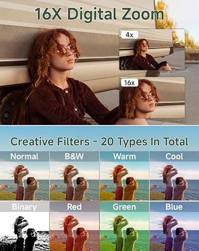 Digital Camera for Kids, FHD 1080P 44MP Point and Shoot Digital Camera with Face Detect, Smile Capture, 16X Zoom, 20 Filters, Anti Shake, 32GB SD Card Green Compact Vintage Camera thumbnail 6
