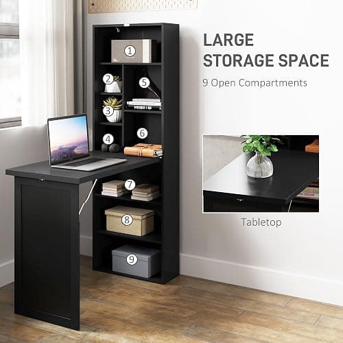 HOMCOM Fold-Out Convertible Writing Table, Computer Desk with Blackboard and Side Shelf Multi-Function Home Office Workstation, Black thumbnail 5