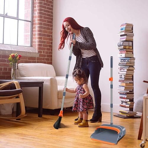 kelamayi Upgrade Broom and Dustpan Set, Self-Cleaning with Dustpan Teeth, Indoor&Outdoor Sweeping, Ideal for Dog Cat Pets Home Use, Stand Up Broom and Dustpan (Gray&Orange) thumbnail 7