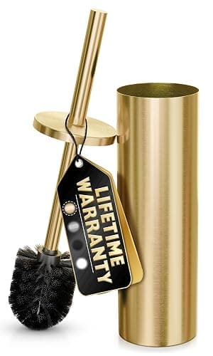 Gold Toilet Brush and Holder Set - Brushed Stainless Steel Gold Toilet Bowl Brush and Holder with Replaceable Head, Removable Inner Bowl, and Splash Protection - Dense Bristles for Thorough Cleaning - Image 1