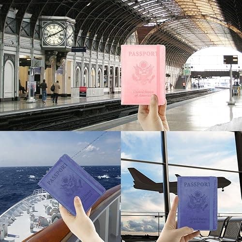 Passport Cover 2 Pack, Waterproof Leather Wallet - Dark Purple and Pink - Men, Women, Family Travel Essentials - Dark Purple+Pink thumbnail 7