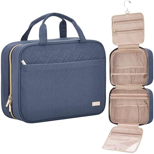 NISHEL Travel Toiletry Bag for women, Portable Hanging Organizer for Full-Sized Shampoo, Conditioner, Brushes Set, Makeup Accessories, Large Size, Aegean-Blue - Image 1