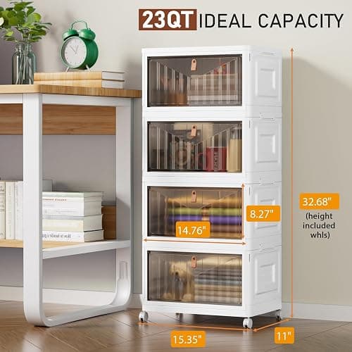 4 Tier Storage Bins with Lids, 23QT Stackable Closet Organizers and Storage with Wheels, Collapsible Storage Boxes, Foldable Plastic Storage Containers for Home,Office, Dorm Room-White thumbnail 2