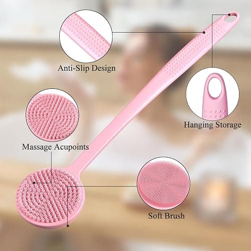 Silicone Back Scrubber for Shower, 17in Lengthen Long Handle Body Brush, Double Sided Shower Brush for Shower Exfoliating and Massage Can Produce Rich Foam, Long Handle Back Scrubber for Men thumbnail 2
